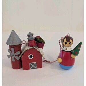 Vintage 1984 Wooden Kurt Adler Christmas Ornament Set Of 2 Barn Silo Angel Tree
